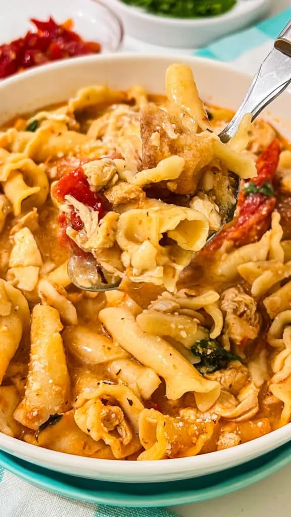 Delicious chicken pasta soup with cheese, tomatoes, and flavorful herbs, perfect for family dinners.