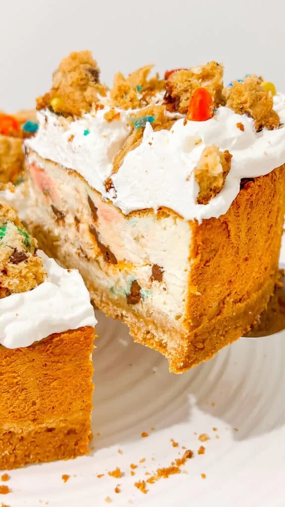 Sweet dessert featuring Monster Cookie Cheesecake, whipped cream, and crunchy cookie toppings.