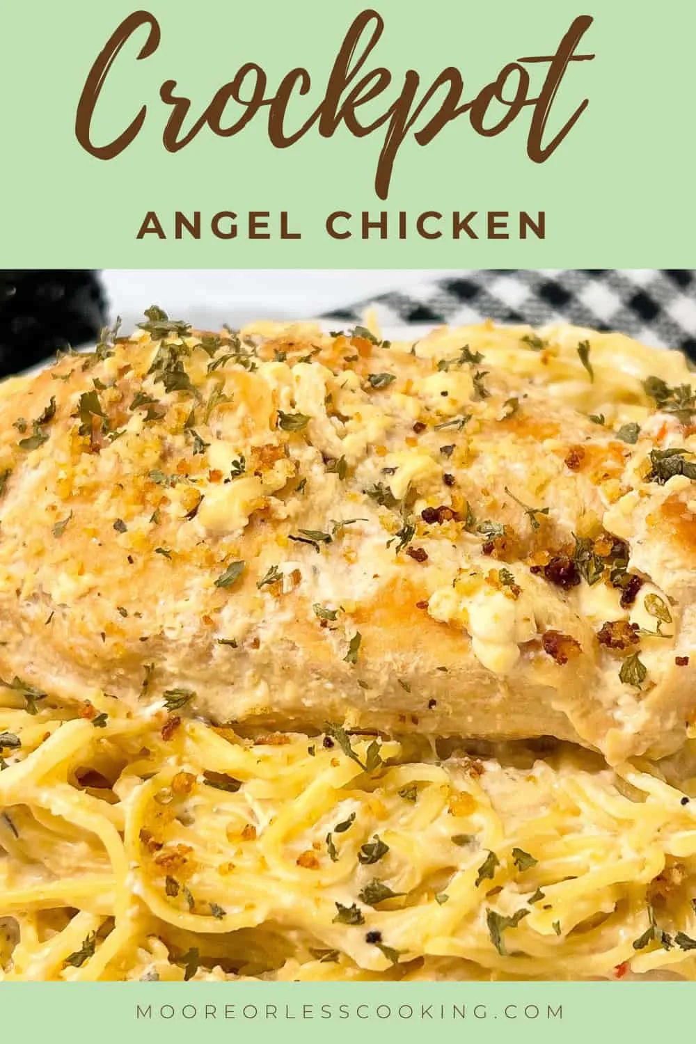 Crockpot Angel Chicken is the definition of "comfort in a bowl." Tender, slow-cooked chicken breasts are bathed in a rich, velvety, garlic-cream sauce that takes minimal effort to prepare. Served over delicate angel hair pasta, this satisfying meal tastes like it took all day to make, but your slow cooker does 90% of the work! via @Mooreorlesscook