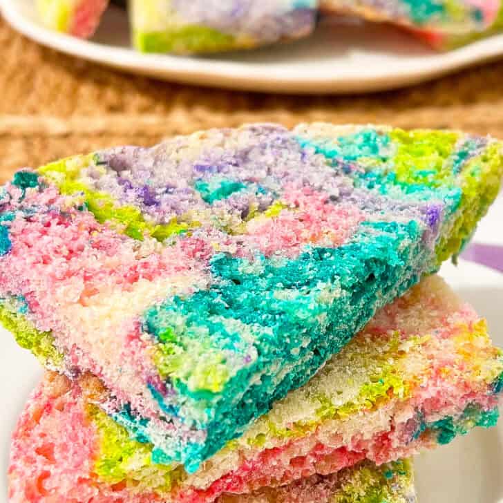 Colorful Easter sourdough swirl bread with vibrant pastel hues.