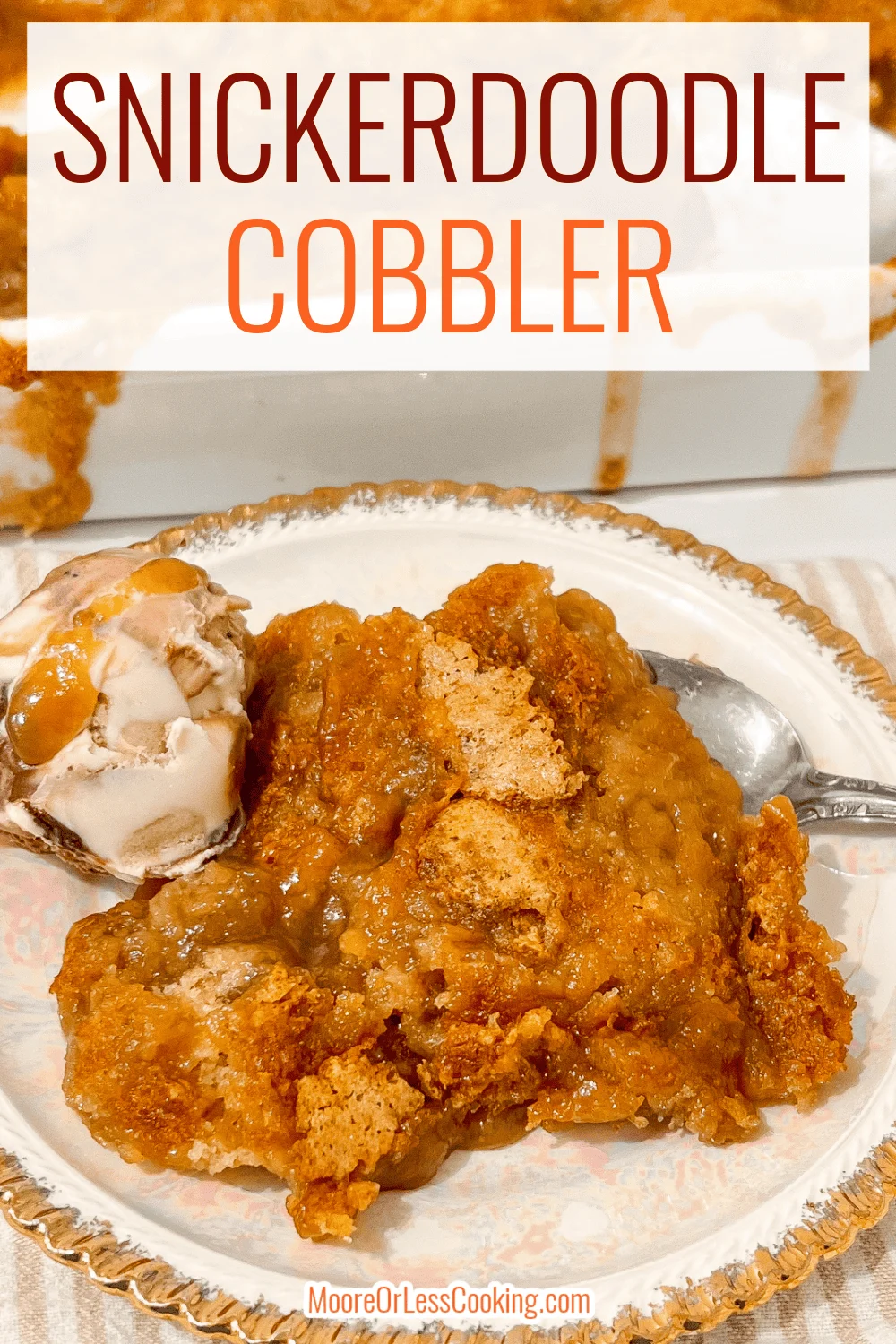 Snickerdoodle cobbler is a warm, gooey, and indulgent dessert that has the nostalgic cinnamon-sugar flavor of a snickerdoodle cookie with the structure of a baked cobbler. A soft, buttery, cake-like base and a caramelized sugar topping, often featuring a "self-making" sauce that forms while baking. via @Mooreorlesscook