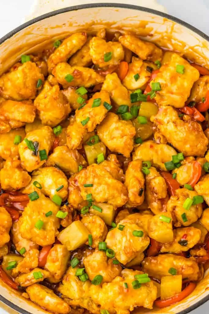 sweet chili chicken and veggies in pan