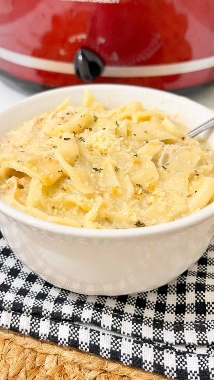 Bowl of creamy chicken Alfredo lasagna soup with cheese and herbs.