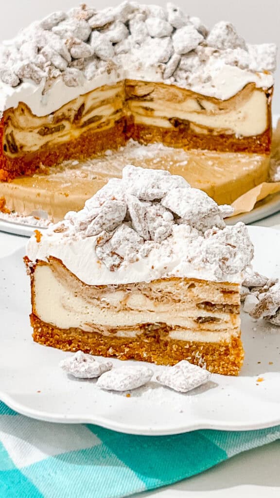 Satisfy your sweet tooth with Muddy Buddy Cheesecake, featuring layers of chocolate, peanut butter, and crunchy Muddy Buddy pieces.