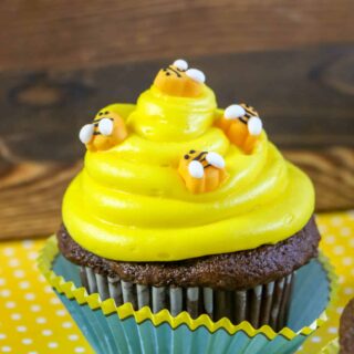 Bee Hive Cupcakes one cupcake with blue liner