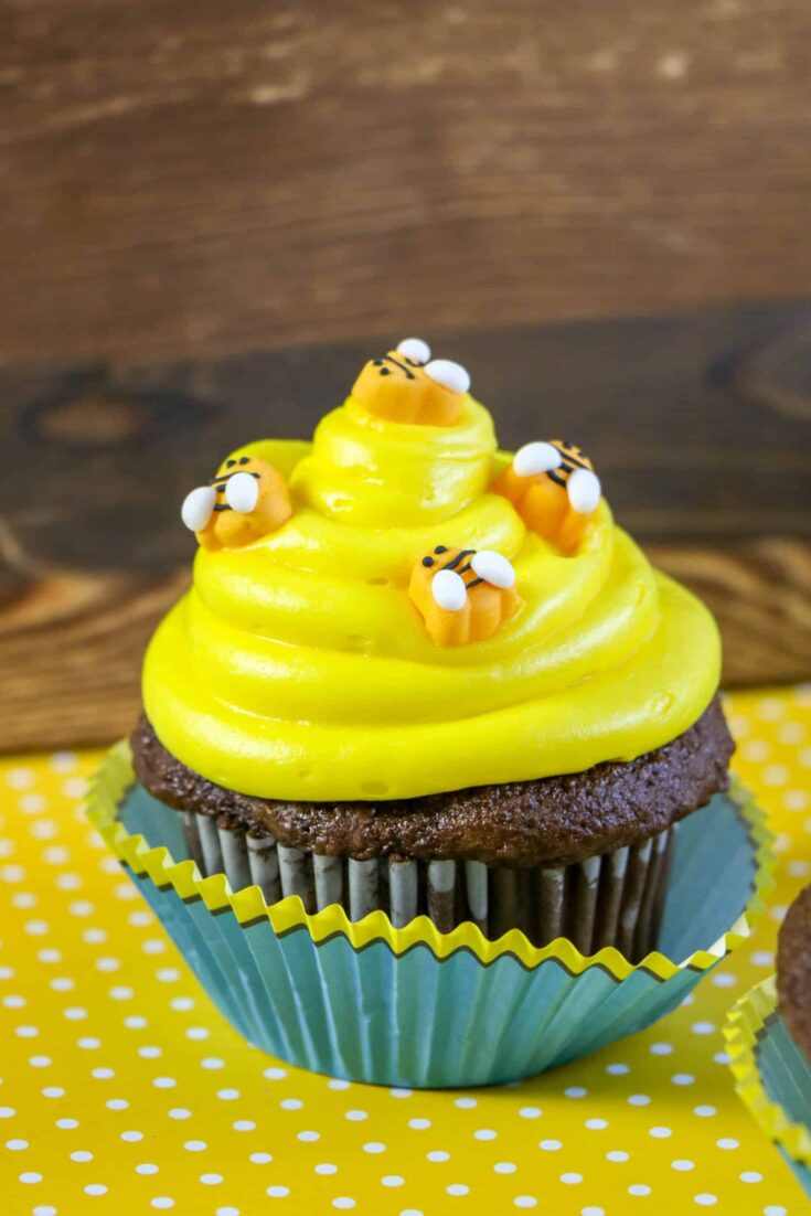 Bee Hive Cupcakes one cupcake with blue liner