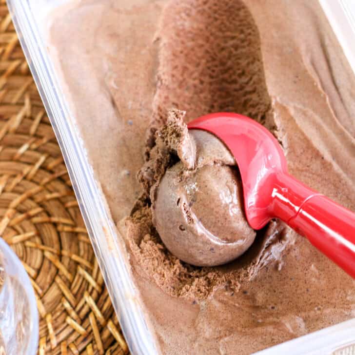 Homemade chocolate ice cream in a plastic container with a red ice cream scoop.