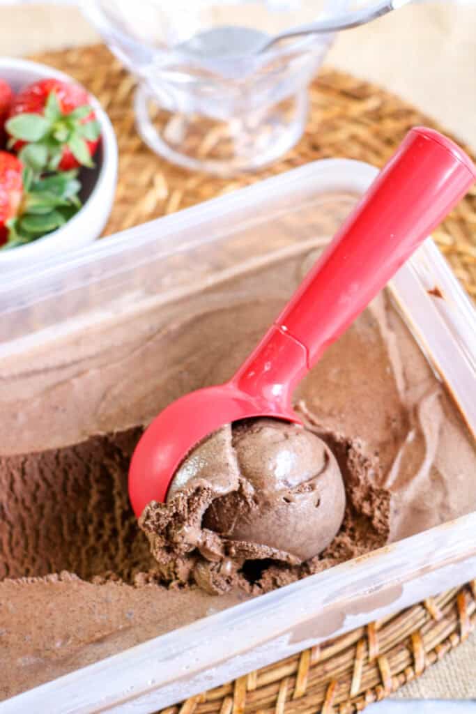 chocolate ice cream in plastic tub red scooper 