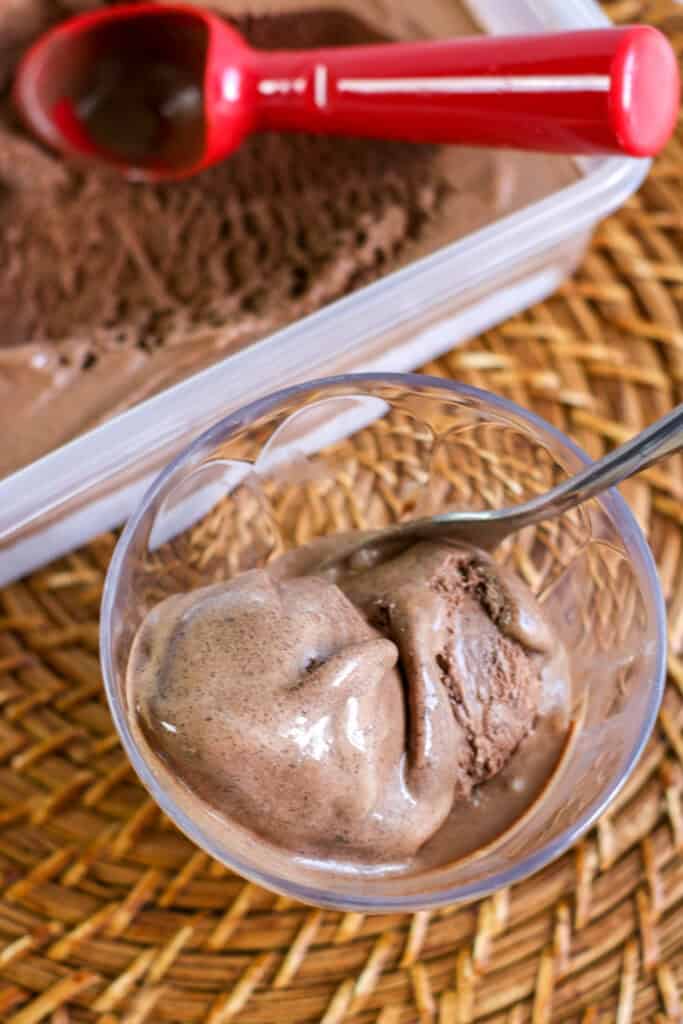 chocolate ice cream in plastic tub red scooper ,bowl of chocolate ice cream