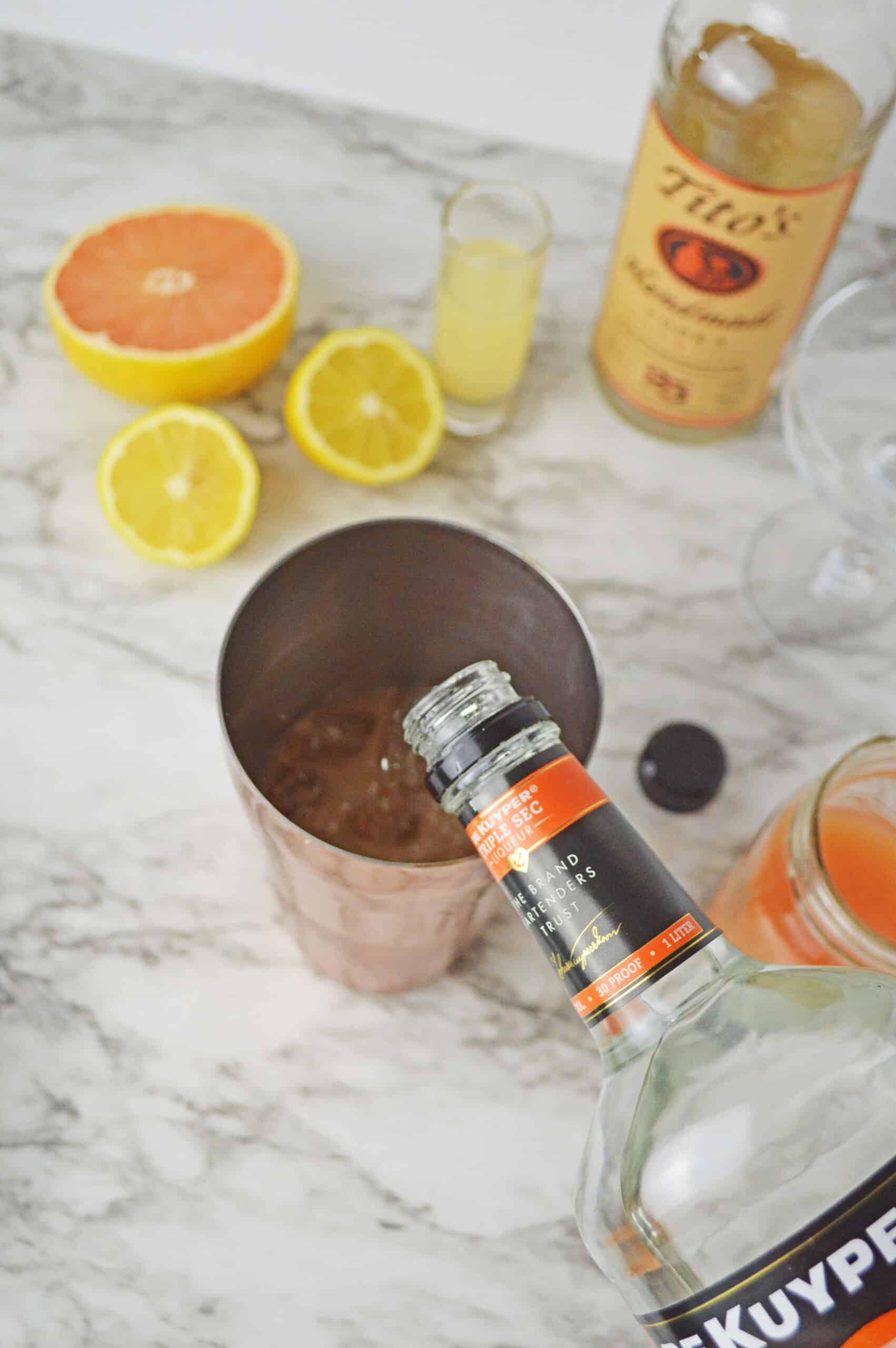 Refreshing grapefruit martini with fresh lemon and grapefruit slices, served in a copper cocktail sh.