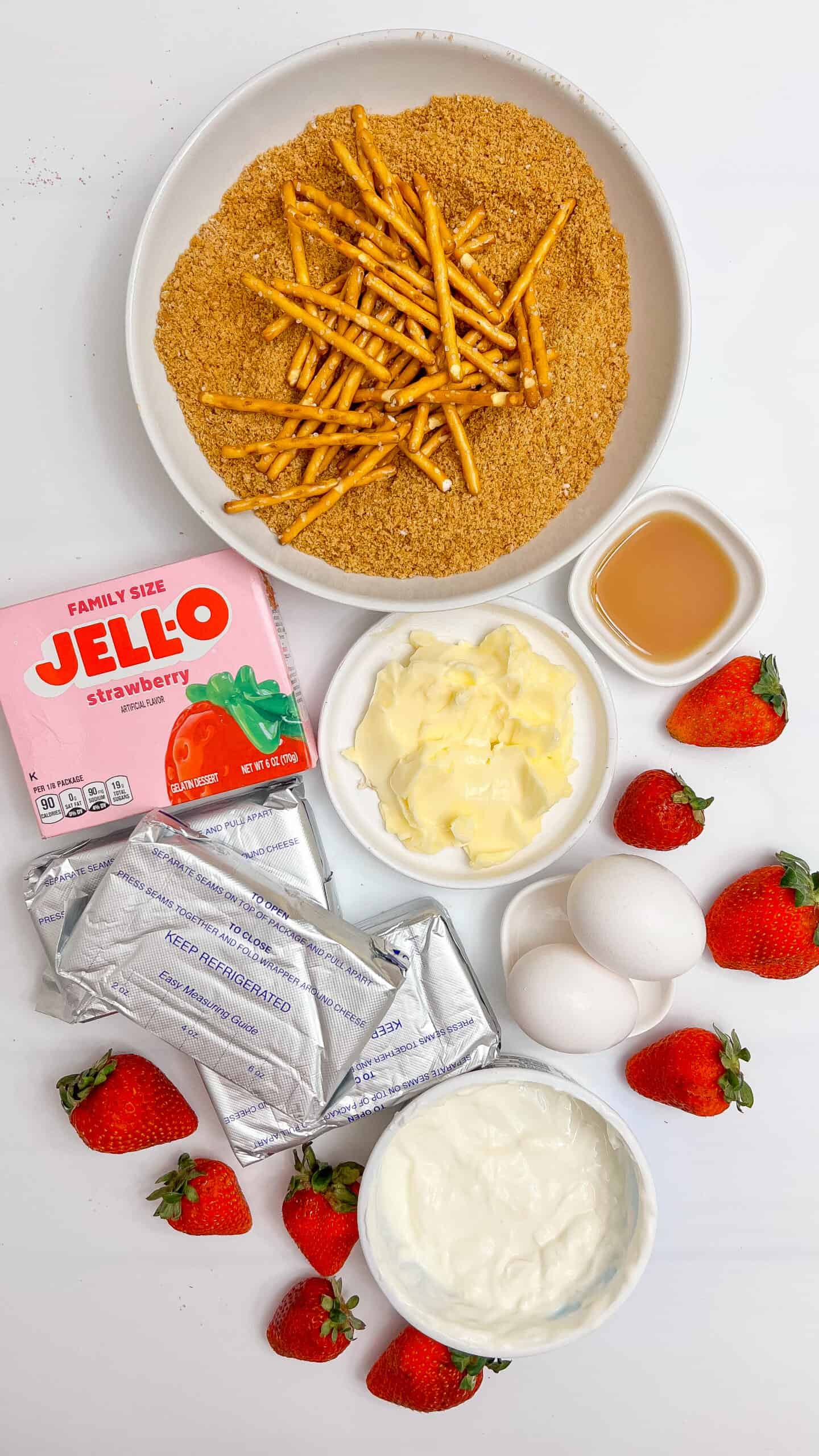 ingredients for Strawberry Pretzel Salad Cheesecake