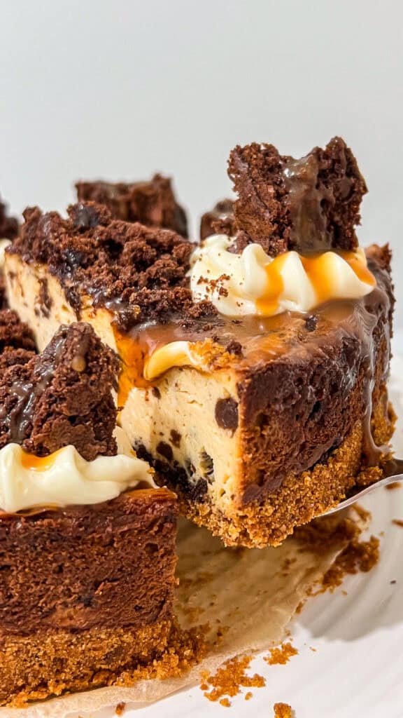 Delicious caramel brownie cheesecake with chocolate chunks and creamy topping.