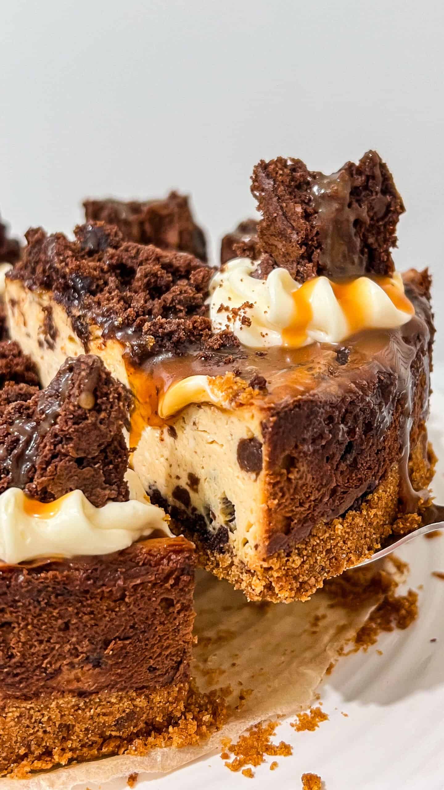 If you can't decide between brownies and cheesecake, this decadent dessert gives you the best of both worlds! A buttery graham cracker crust is topped with a rich, velvety cheesecake filled with fudgy brownie chunks, brownie crumbs, and ribbons of gooey caramel in every bite. via @Mooreorlesscook