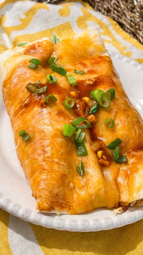 Delicious chicken enchiladas with melted cheese and green onions on top.