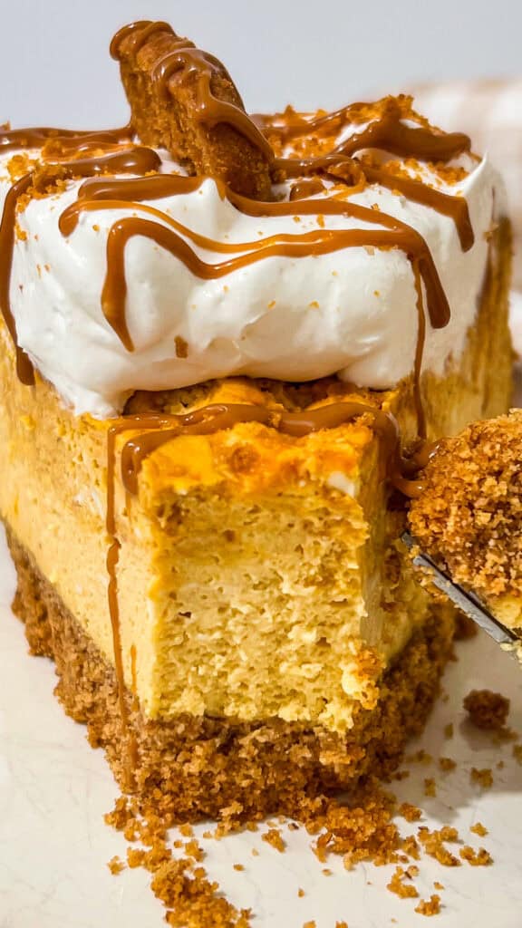 Creamy pumpkin cheesecake with Biscoff drizzle and crumb crust.