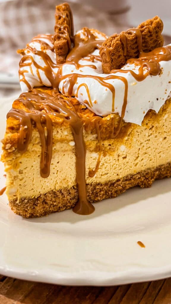 Creamy pumpkin cheesecake slice with caramel drizzle and Biscoff cookie toppings.