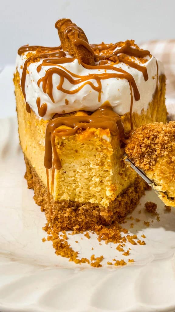 Pumpkin biscoff cheesecake with white frosting and caramel drizzle.